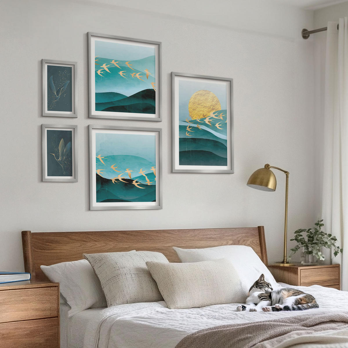WANDBILDER 5er Set - 50x50 cm & 20x30 cm & 40x60 cm Silberner Rahmen - Stilvolle Landschaften mit Vögeln - Silberfarben, Kunststoff (40/60cm) - ArtPrintCave