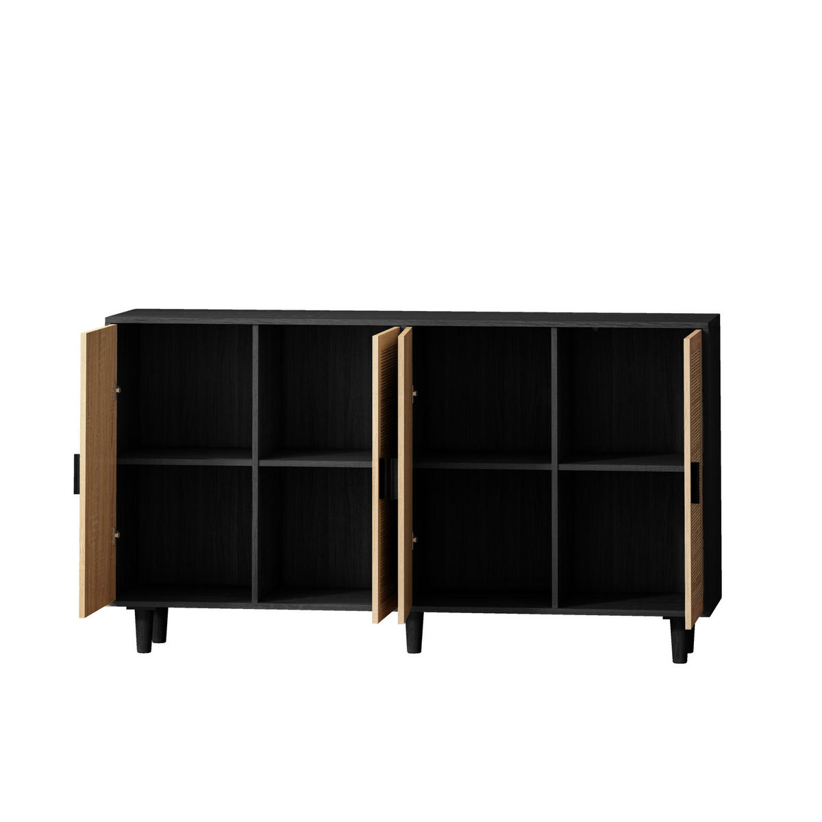 SIDEBOARD aus Spanplatte 158x40x88 cm Schwarz mit 4 Rattantüren und verstellbarem Einlegeboden - Schwarz, Holzwerkstoff (158/88/40cm) - Modfu