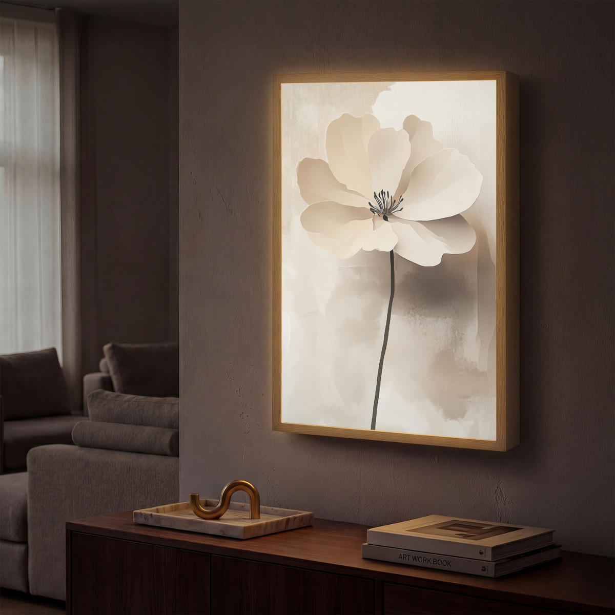 NÁSTĚNNÁ LAMPA S AKUMULÁTOREM Květina - béžová - barva - stín 40x60 cm - béžová, kompozitní dřevo (40/60/8cm) - OnlyWow