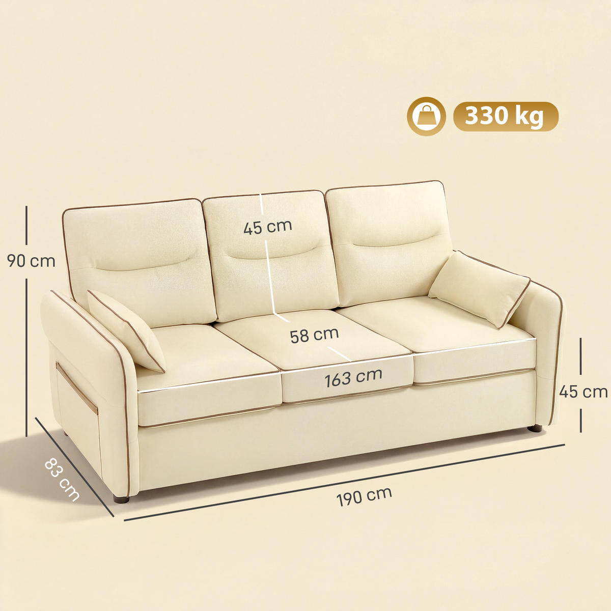 SOFA, 3-Sitzer, Kunstleder, dicke Polsterung, Seitentasche, beige, 190x83x90cm - Multicolor, Holzwerkstoff (190/90/83cm) - FORIOUS