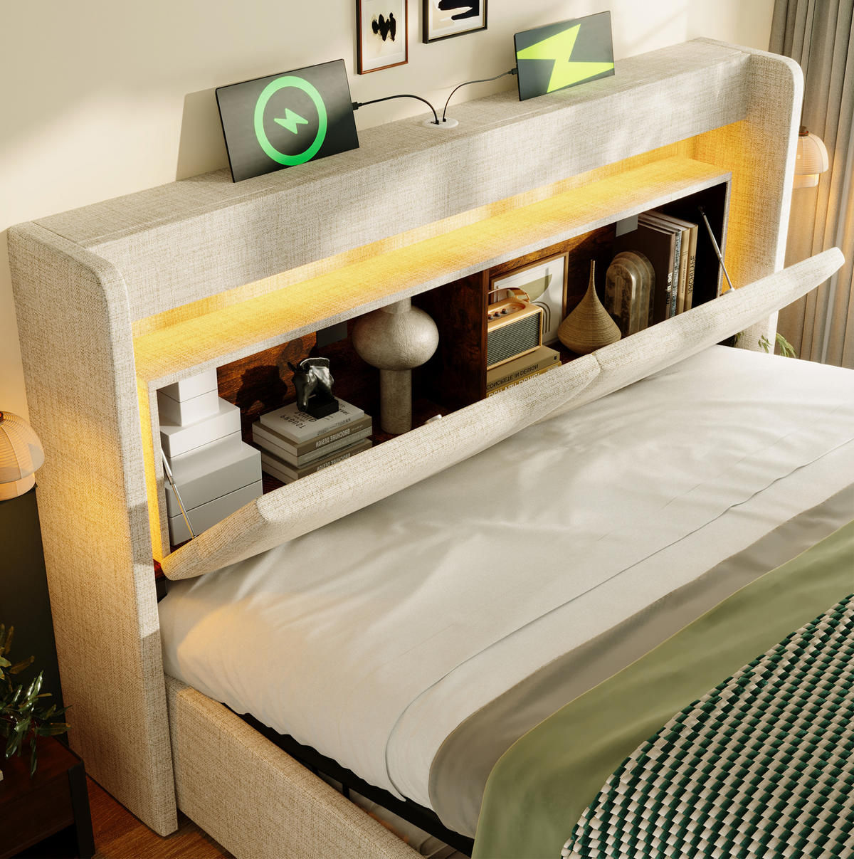 POLSTERBETT 160/200 cm Beige aus Leinen mit Stauraum und LED - Beige, Textil (160/200cm) - OKMYHOME