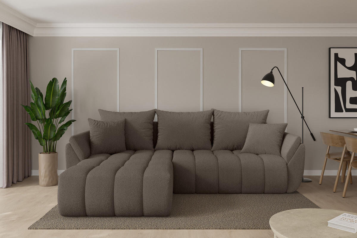 ROHOVÁ SEDAČKA s funkcí spaní, otoman vlevo TOKO-L-v1 277x194x86 hnědá bouclé - černá/hnědá, kompozitní dřevo/textil (277/194cm) - ALTDECOR