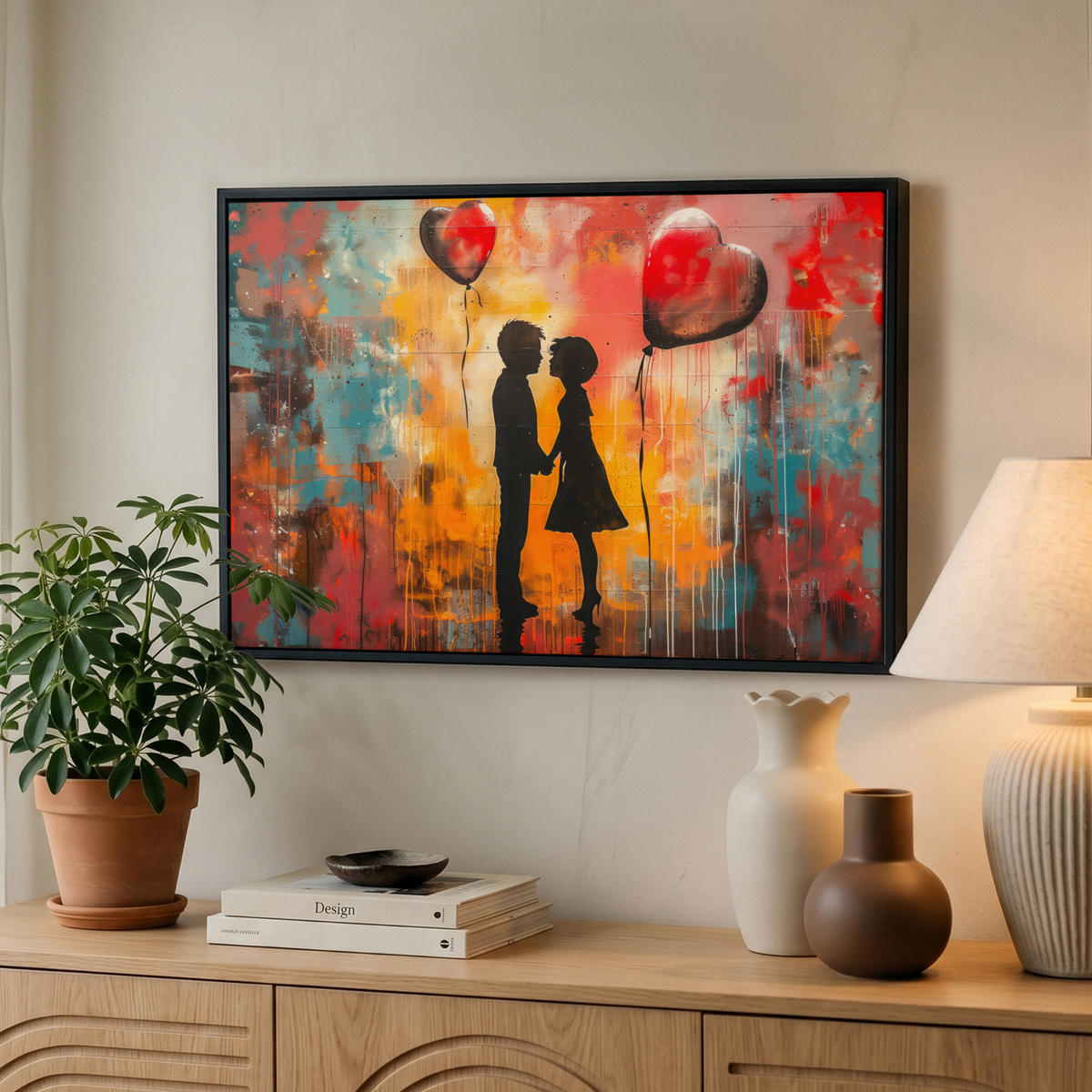 LEINWAND Bilder mit Rahmen - Straßenkunst - Liebe - Graffiti - Kunst - Banksy - 60x40 - Orange, Textil (60/40cm) - MuchoWow