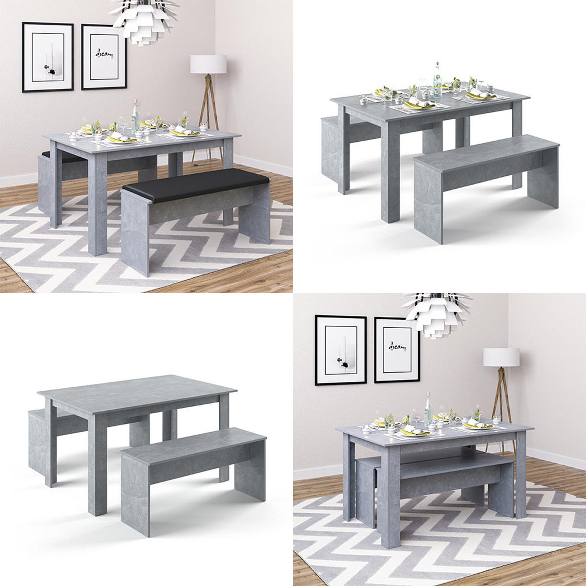 ESSTISCH SET Sentio Beton 90 x 140 cm mit 2 Bänken - Grau, Holzwerkstoff (140/76/90cm) - Vicco