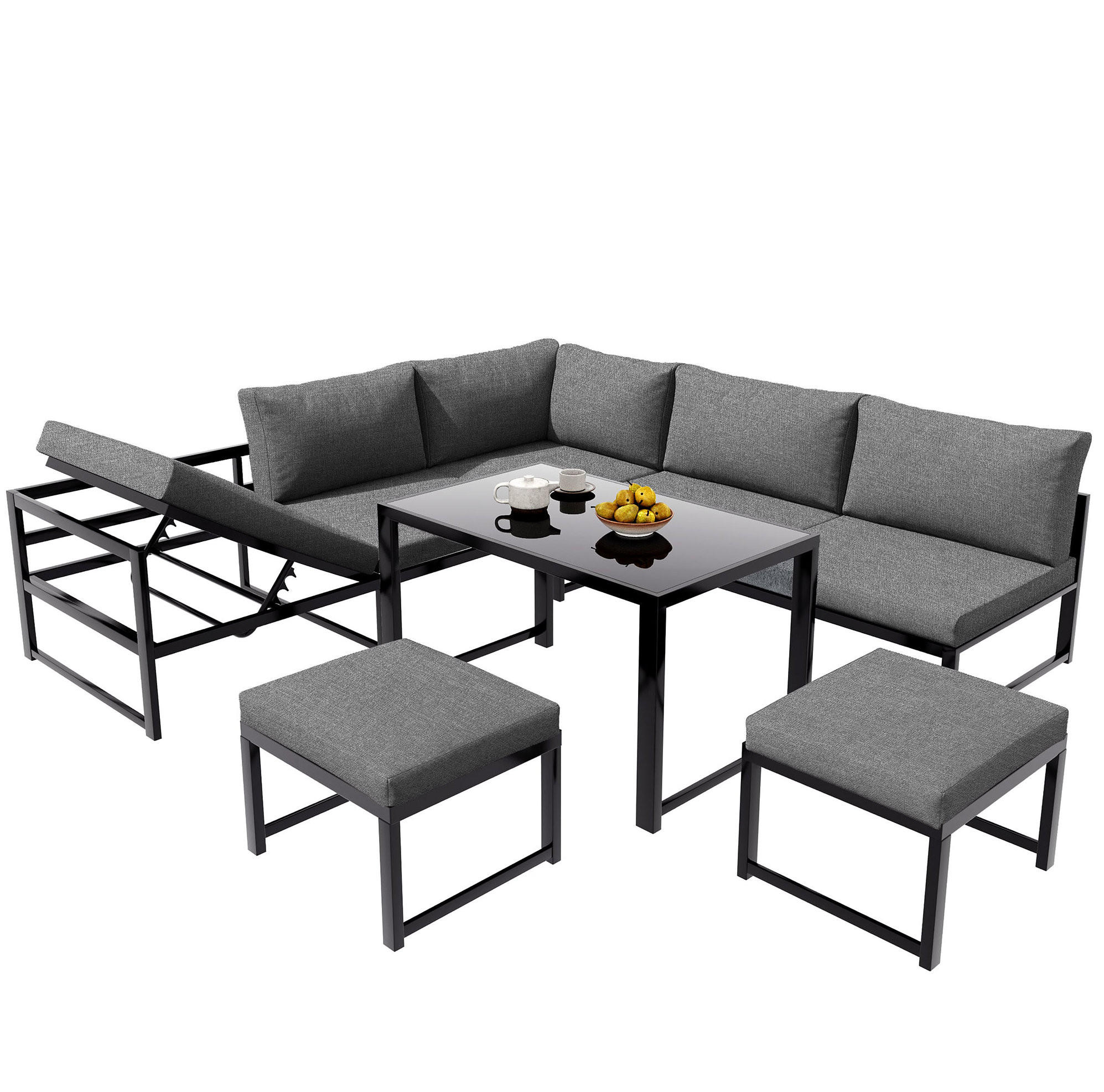 GARTEN-LOUNGESET 199/60/66 cm schwarz/grau aus Aluminium mit Liegefunktion - Grau, Metall - OKWISH