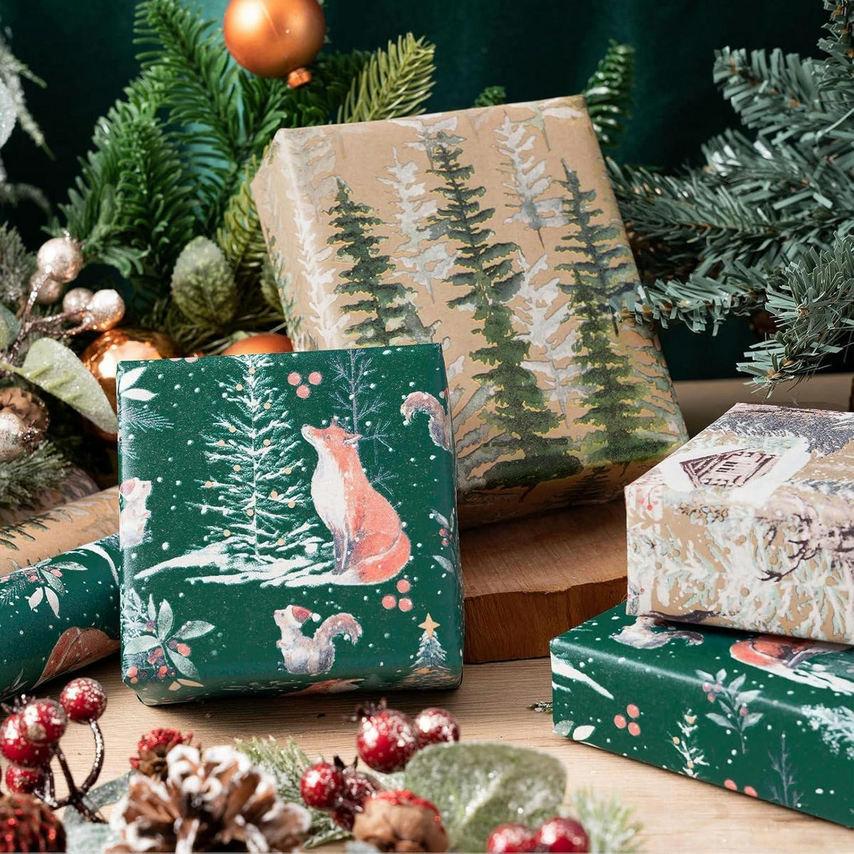GESCHENKPAPIER 3er Set Kraftpapier Weihnachten Fuchs Rentier Baum 43,2 cm x 3 m - Multicolor, Papier (4/44/10cm)
