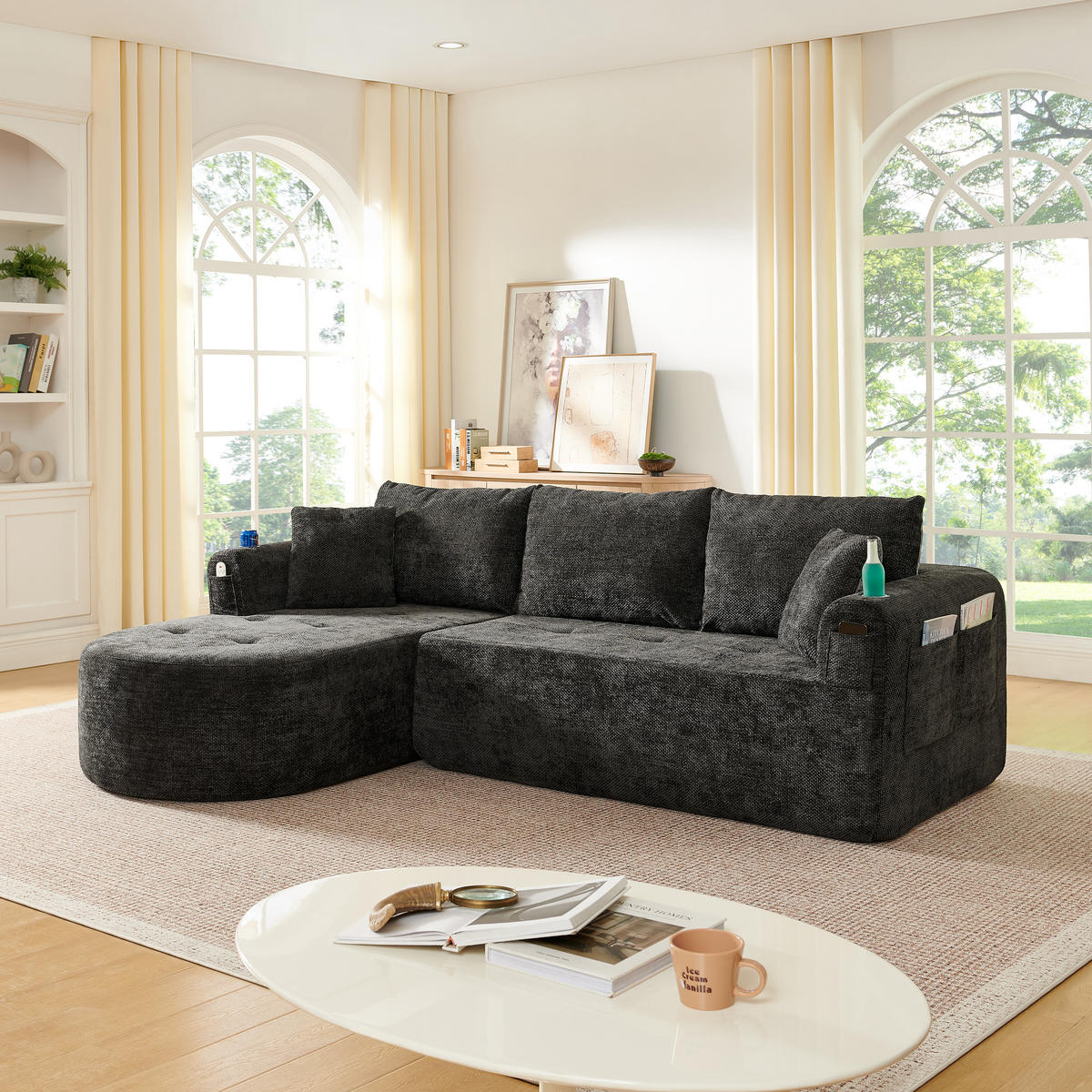 ECKSOFA DE-35043 L-Form mit Becherhalter Schwarz - Schwarz, Textil (170/255cm) - ComfortXL