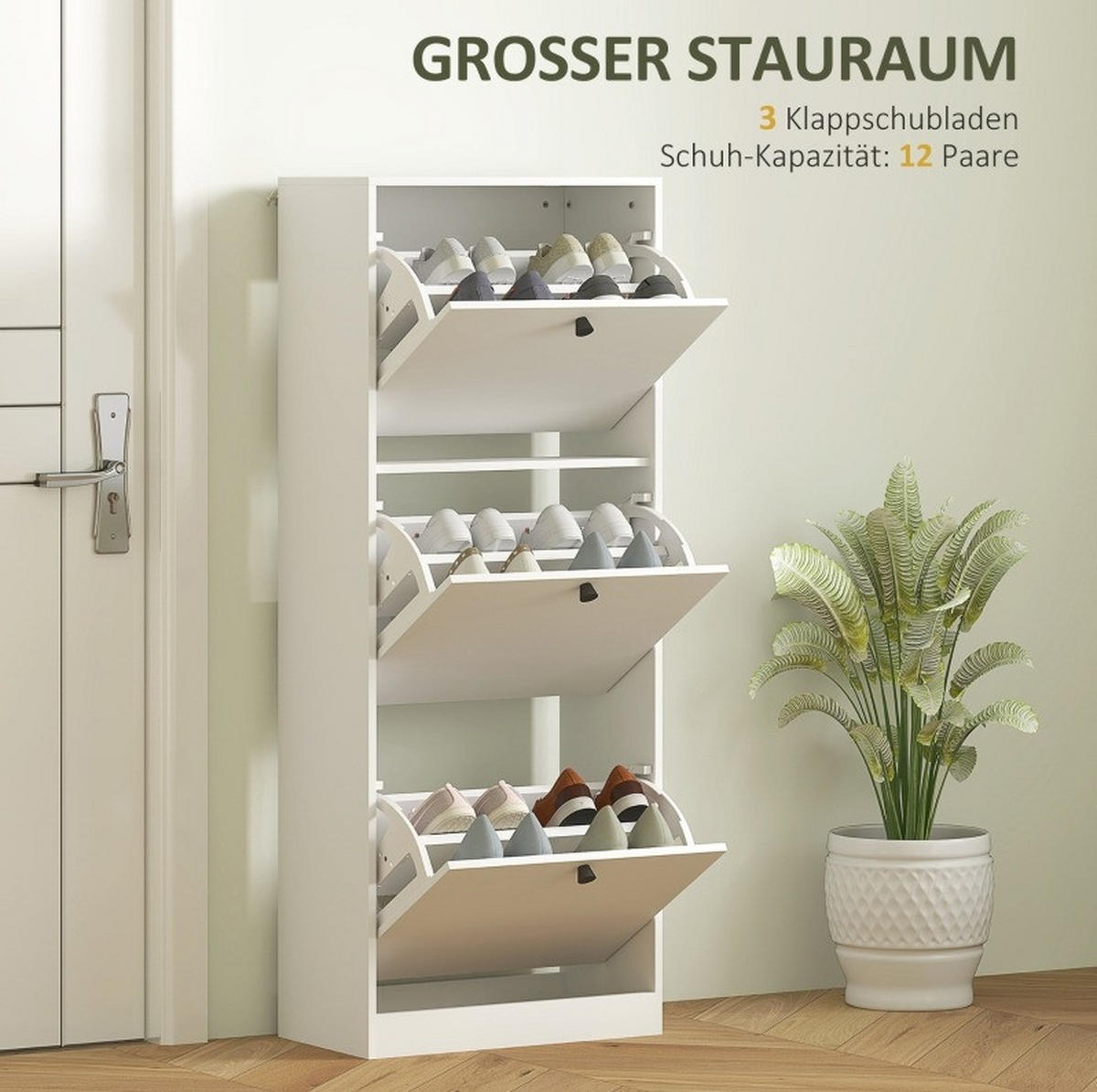 SCHUHSCHRANK 47/26/120 cm in Weiß mit 3 Klappen und verstellbaren Fächern - Weiß, Holz (47/120/26cm) - Flora Grace