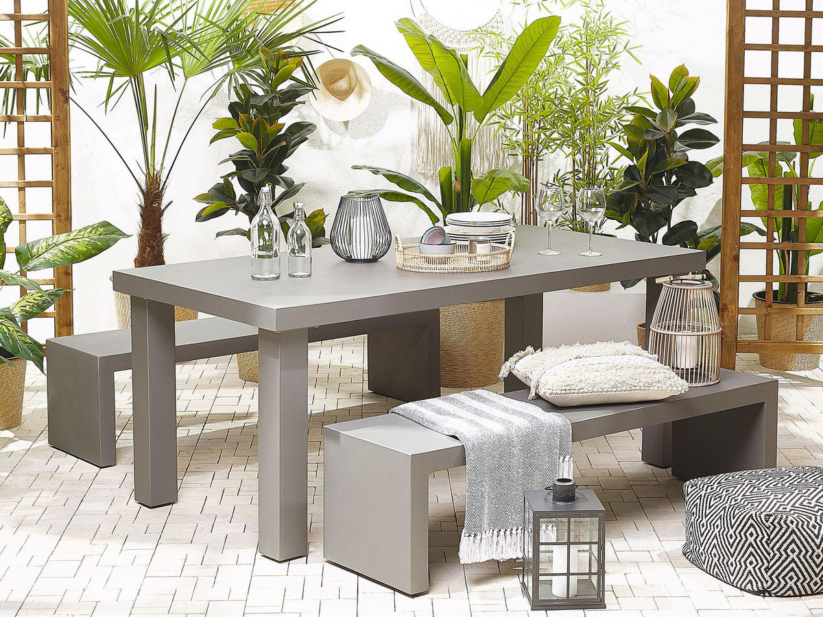 GARTENMÖBEL SET Beton grau Tisch mit 2 Bänken U-Form Taranto - Grau, Stein - Beliani