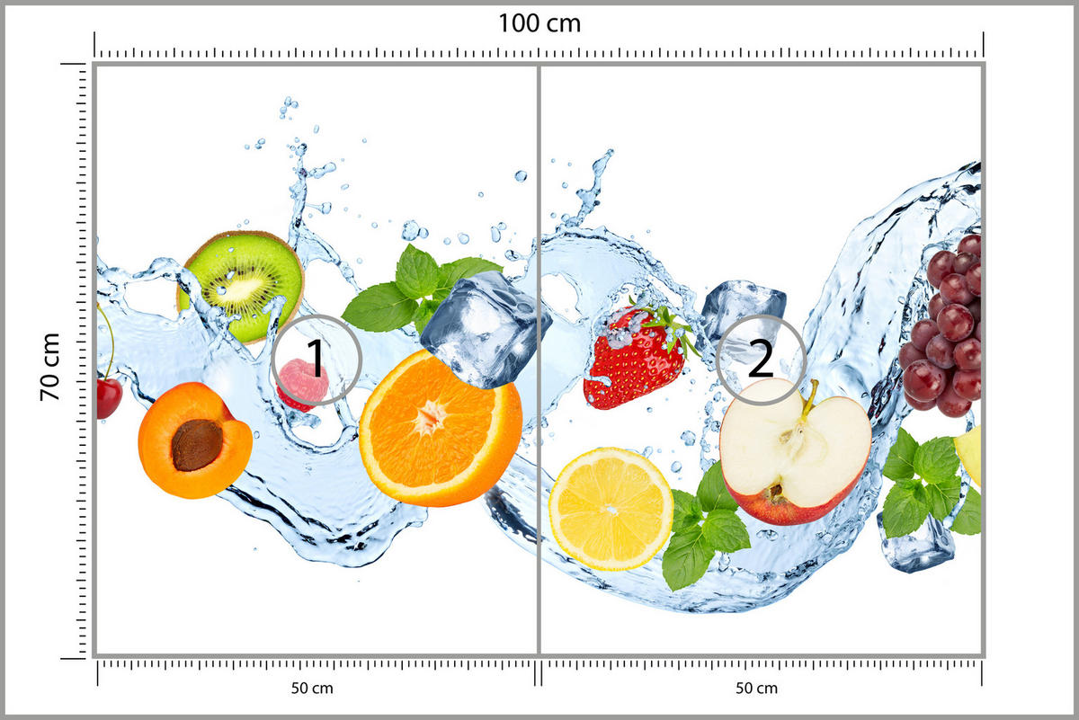 FOTOTAPETE für Küche Erfrischende Früchte Eis Wasser Orange Minze Zitrone Kiwi 100x70 - Gelb/Rot, Papier (100/70cm) - Muralo