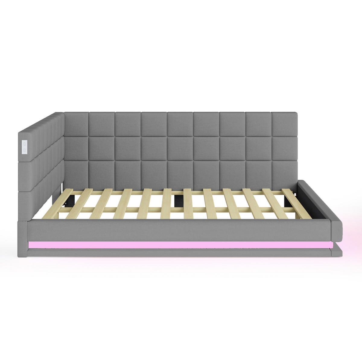 POLSTERBETT 140/200 cm mit LED-Lichtleiste, USB-Anschluss und Lattenrost, Leinen, Grau - Grau, Textil (140/200cm) - Redom