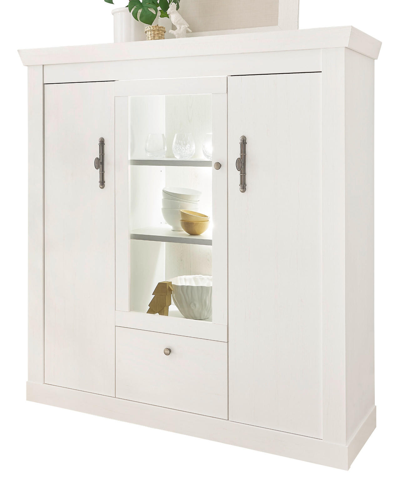 HIGHBOARD weiß Pinie Landhaus, Vitrine 140 x 146 cm, Soft-Close-Funktion - Weiß, Holzwerkstoff/Kunststoff (141/146/45cm) - Furn.Design