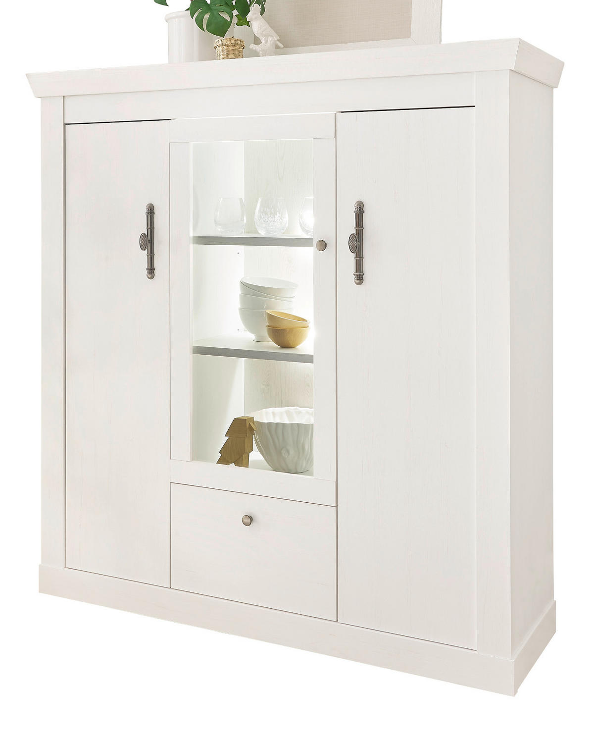 HIGHBOARD weiß Pinie Landhaus, Anrichte mit Soft-Close und Beleuchtung - Weiß, Holzwerkstoff/Kunststoff (141/146/45cm) - Furn.Design