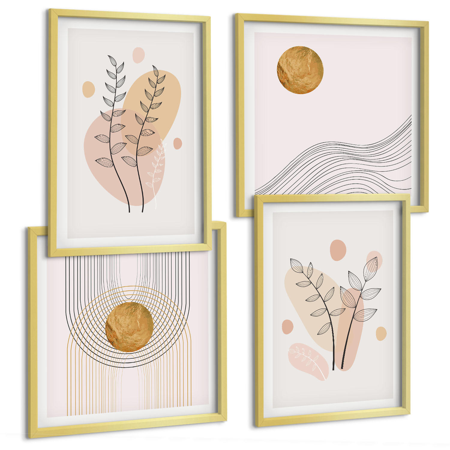 BILDER SET 4er Set - 50x50 cm & 40x60 cm Goldrahmen - Minimalistische Pflanzenzeichnungen - Goldfarben, Kunststoff (50/50cm) - TULUP
