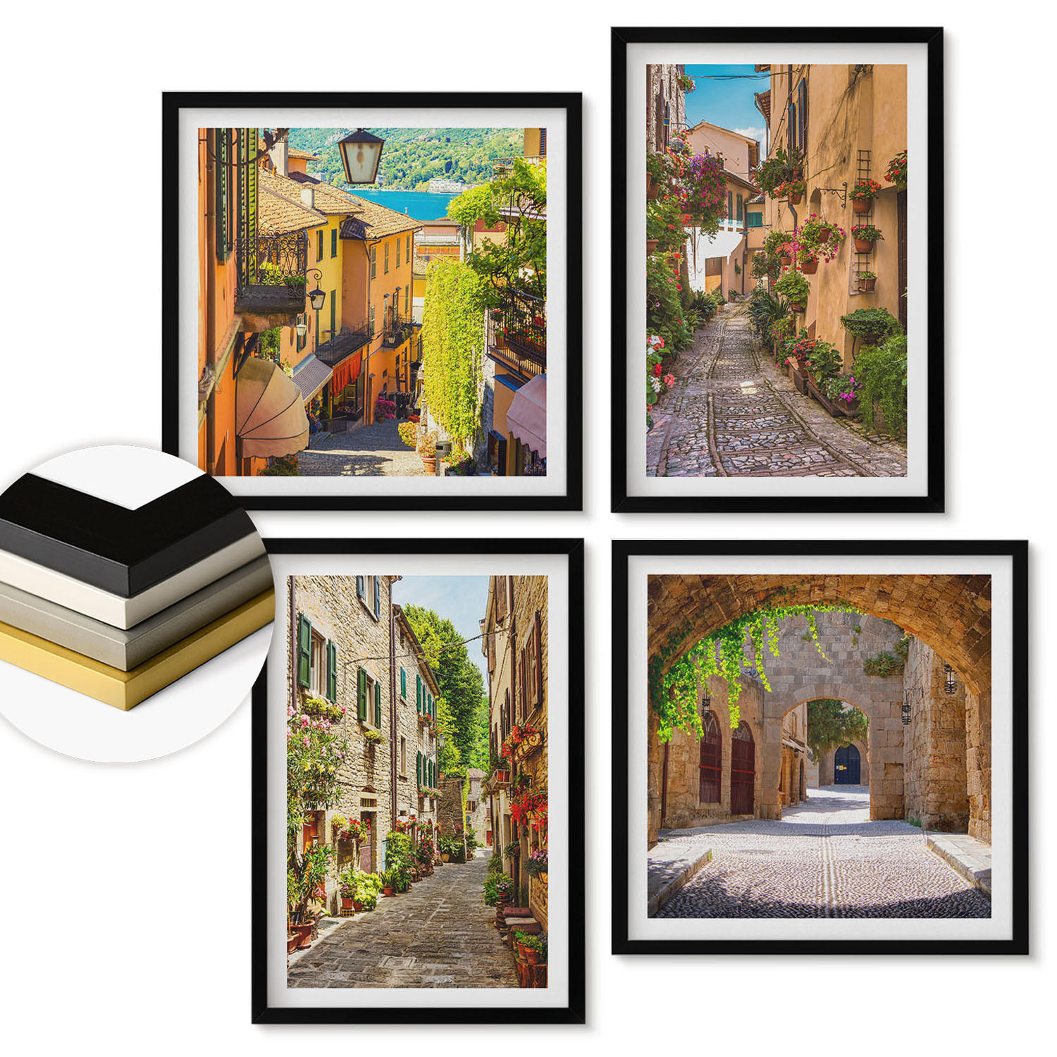 WANDBILDER 4er-Set - 50x50 cm & 40x60 cm Schwarzer Rahmen - Italienische Straßen, Blumen, Architektur - Schwarz, Kunststoff (50/50cm) - ArtPrintCave