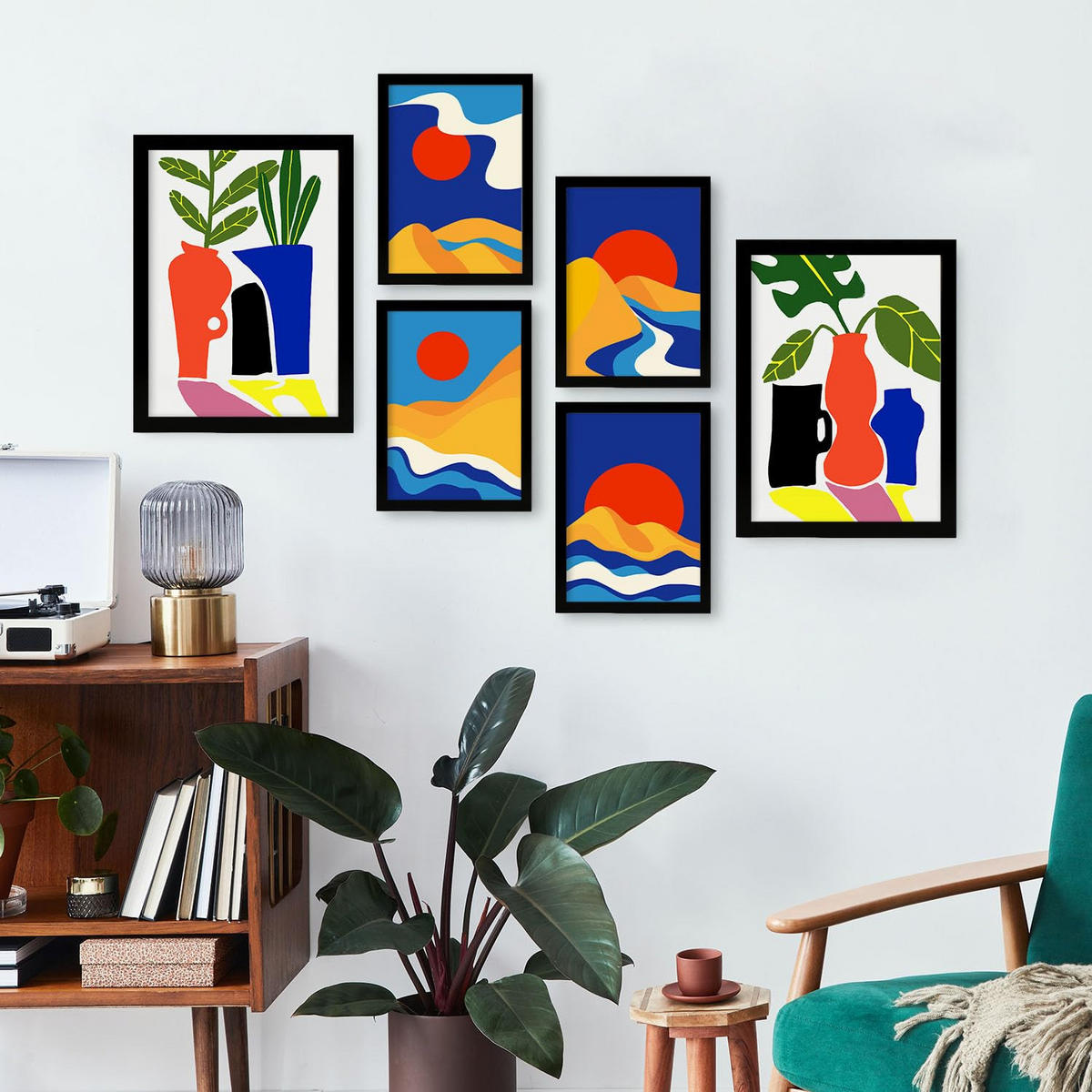 POSTER Set Mit 6 Sanfte abstrakte Landschaften Größe A3 & A4 Schwarzer Rahmen - Schwarz, Papier (29.7/1cm) - Nacnic