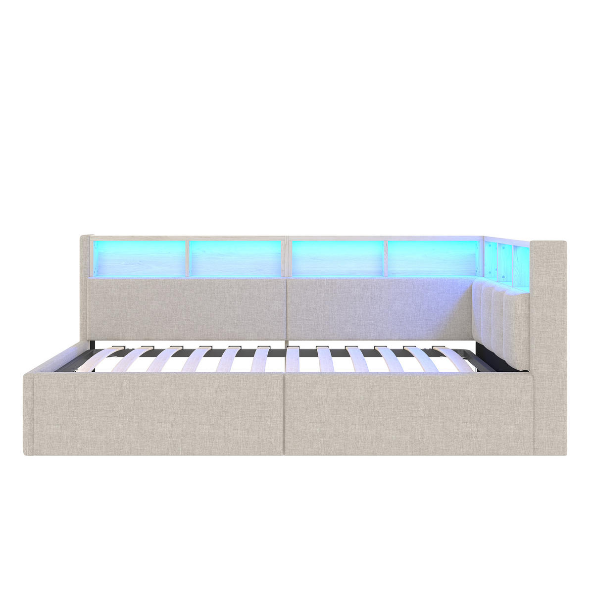 SCHLAFSOFA 90/200 cm in Beige Leinen mit Bettkasten, LED, USB und Type-C - Beige, Holzwerkstoff/Textil (90/200cm) - WISHDOR