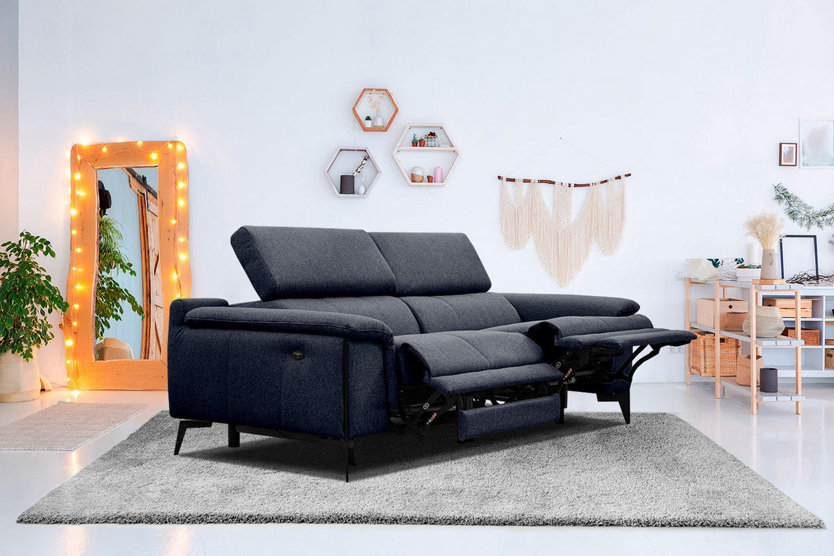 RELAXSOFA MATERA 3-Sitzer mit 2 Relaxfunktionen, dunkelblau - Schwarz/Dunkelblau, Holzwerkstoff/Textil (212/82/103cm) - Courtois Laville