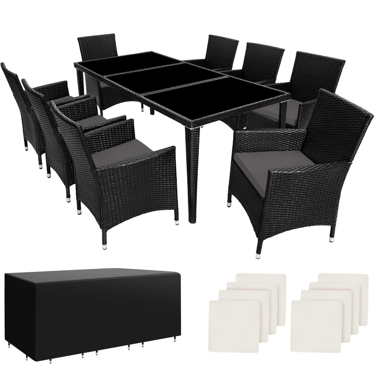 RATTAN SITZGRUPPE Menorca,2 Bezugssets, inklusive Schutzhülle,schwarz - Schwarz, Kunststoff - tectake