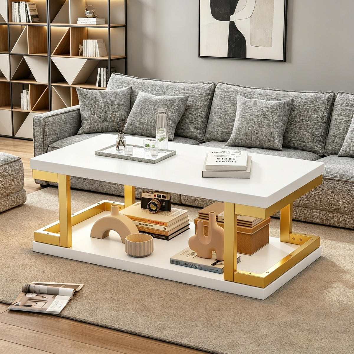 COUCHTISCH mit LED-Beleuchtung und Stauraum Weiß/Gold 100/50/37.5 cm - Goldfarben/Weiß, Holzwerkstoff/Metall (100/50/37.5cm) - EVRYAE