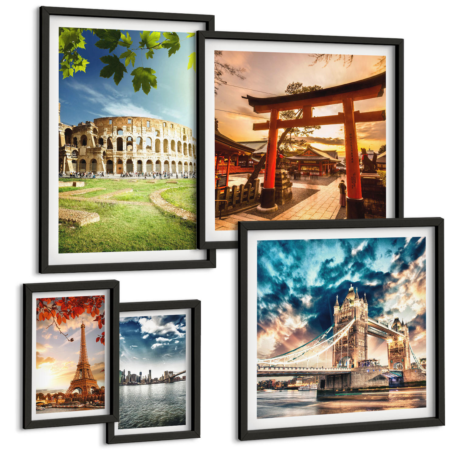 BILDER SET 5er Set - 50x50 cm & 20x30 cm & 40x60 cm Schwarzer Rahmen - Entspannende Zen-Steine für inneren Frieden - Schwarz, Kunststoff (40/60cm) - TULUP