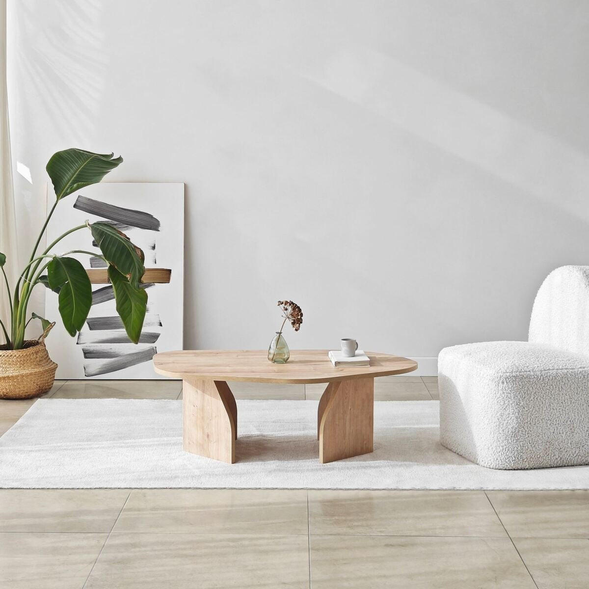 COUCHTISCH mit organisch geformter Tischplatte und breiten Beinen 105/65/35 cm - Eichefarben, Holzwerkstoff (105/65/35cm) - Calicosy