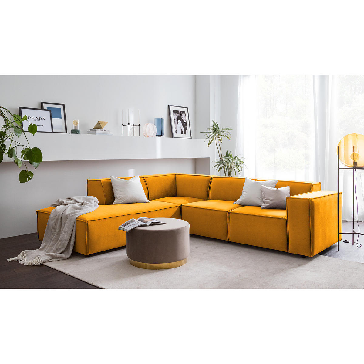 ECKSOFA mit Ottomane - Gelb/Schwarz, Kunststoff/Textil (260/234cm) - home24