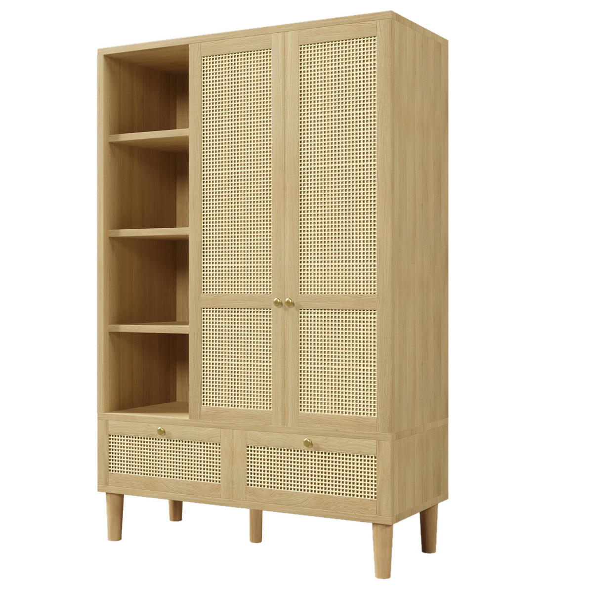 KLEIDERSCHRANK aus Holz 50x120x180 cm Eiche mit Rattanfronten, Kleiderstange, offenen Fächern und 2 Schubladen - Nussbaumfarben, Holzwerkstoff (120/180/50cm) - Modfu