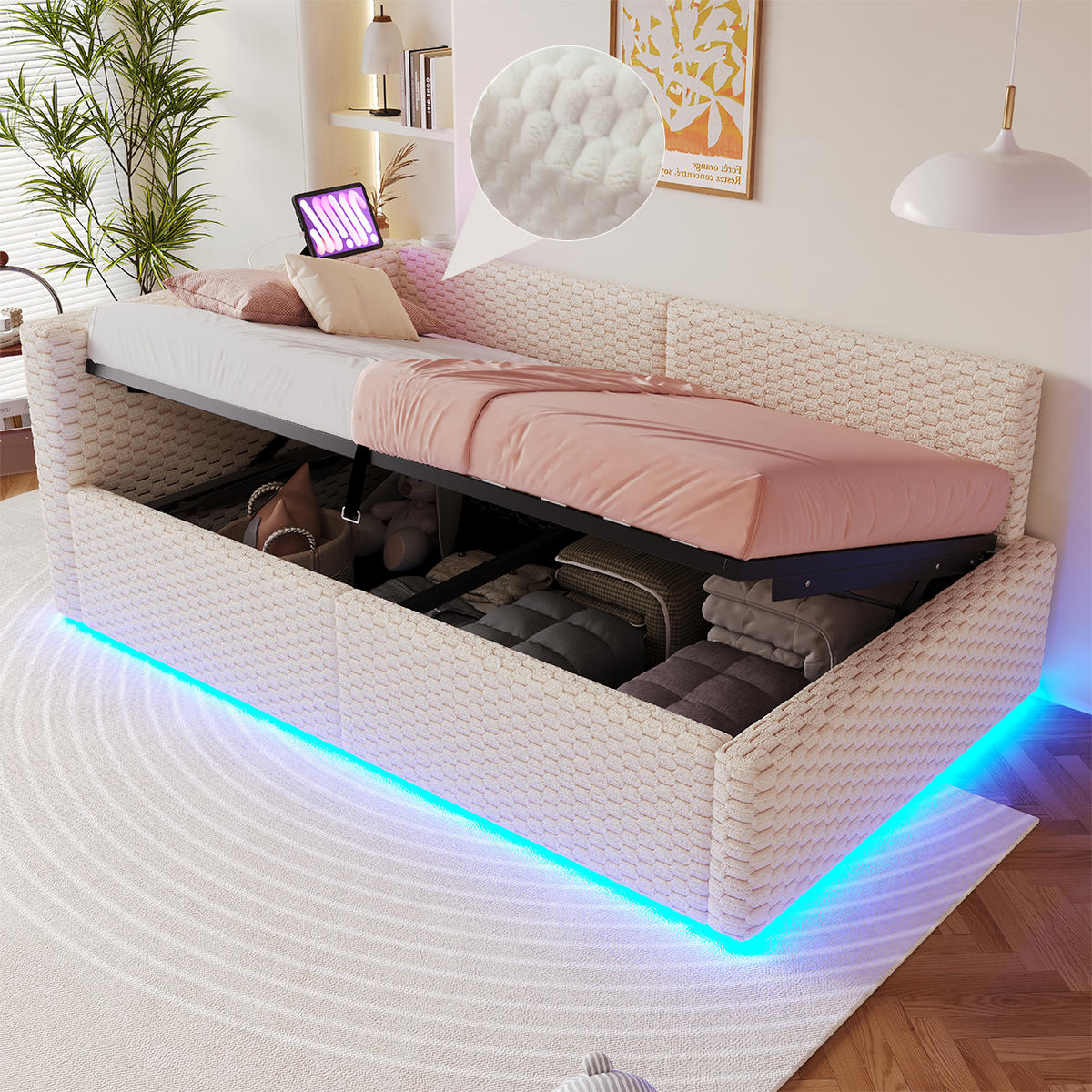 POLSTERBETT 90/200 cm in Beige mit Bettkasten, LED und USB Samt - Beige/Rosa, Holzwerkstoff/Textil (90/200cm) - STILVORA