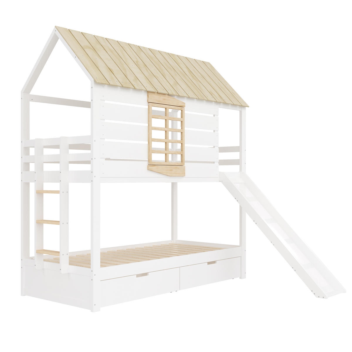 ETAGENBETT 90/200 cm weiß aus Kiefer und MDF mit Rutsche und 2 Schubladen - Weiß, Holzwerkstoff (90/200cm) - OKWISH