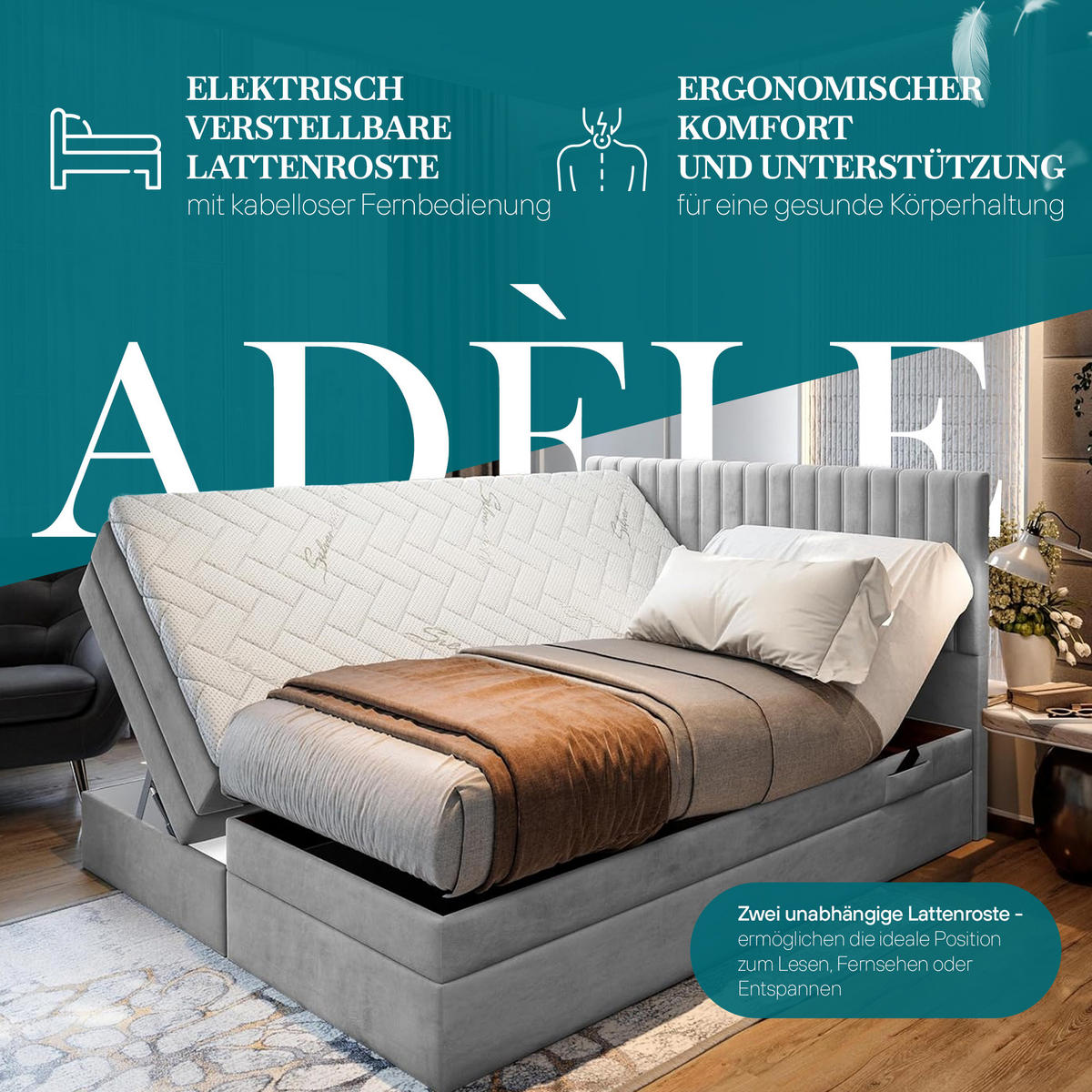 BOXSPRINGBETT ADÈLE 140x200 cm - elektrische Bett mit Matratze + Tooper und Bettkasten - Schwarz - 140x200 cm - Schwarz, Textil (140/200cm) - Trada