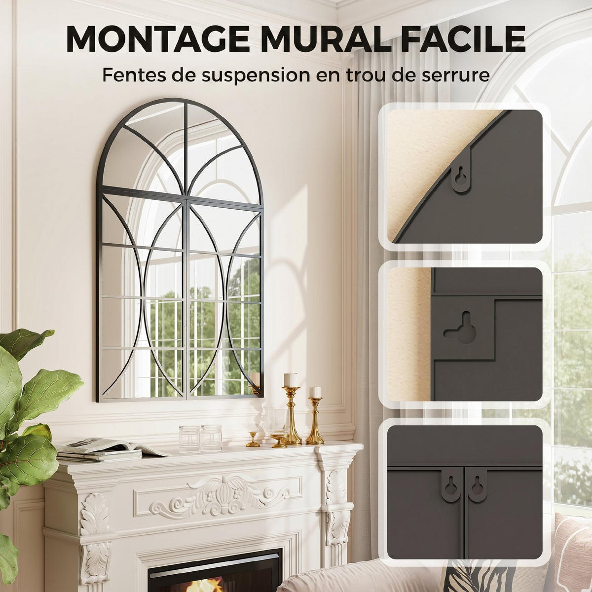 WANDSPIEGEL 3er-Set DE-14382 Bogenform im Fensterstil Schwarz - Schwarz, Metall (80/120/2cm) - ComfortXL