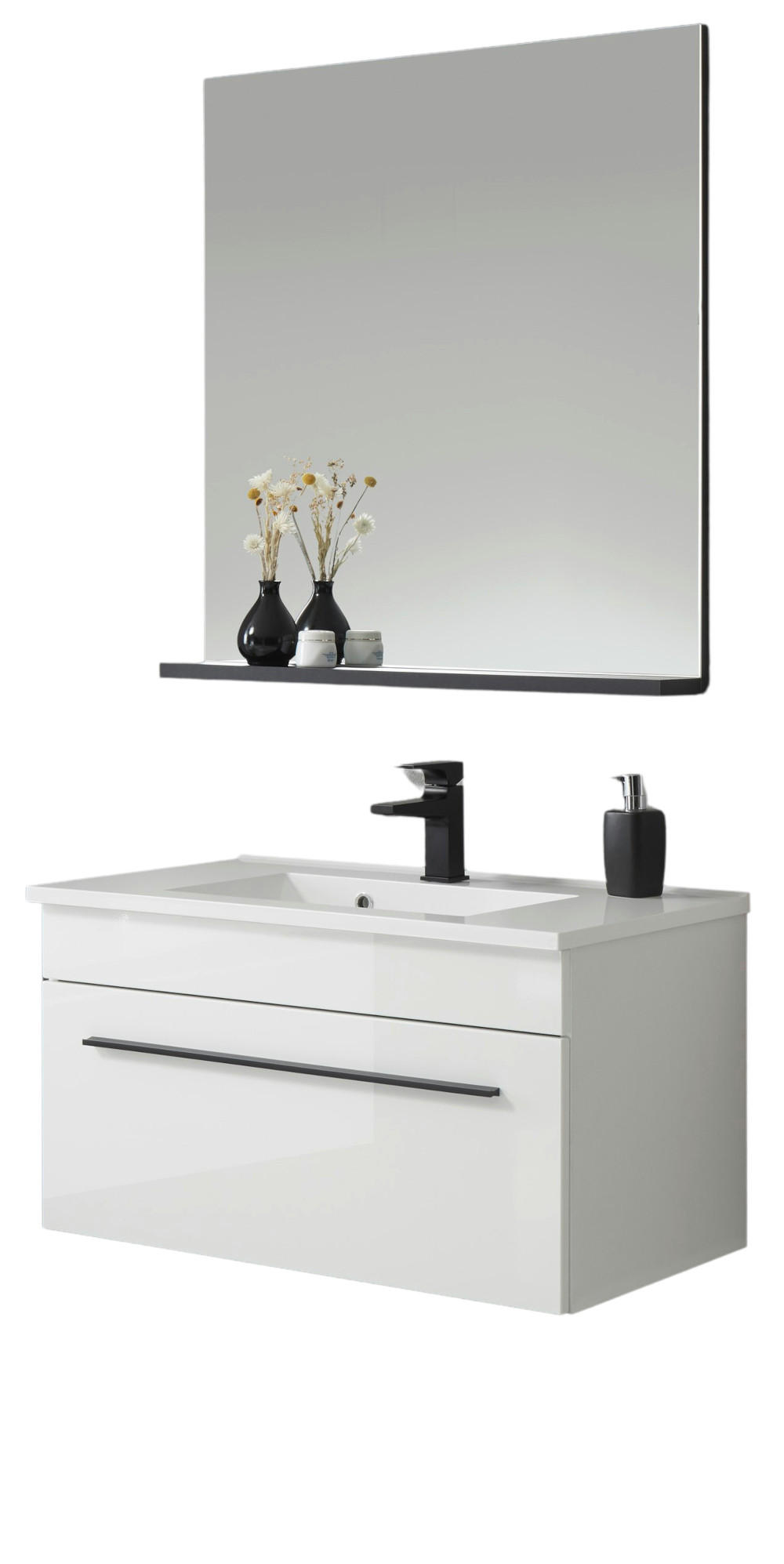 BADMÖBEL-SET weiß Hochglanz schwarz, Badkombination MIT Waschbecken, 60 x 200 cm - Weiß Hochglanz/Schwarz, Holzwerkstoff/Kunststoff (60/200/45cm) - Furn.Design