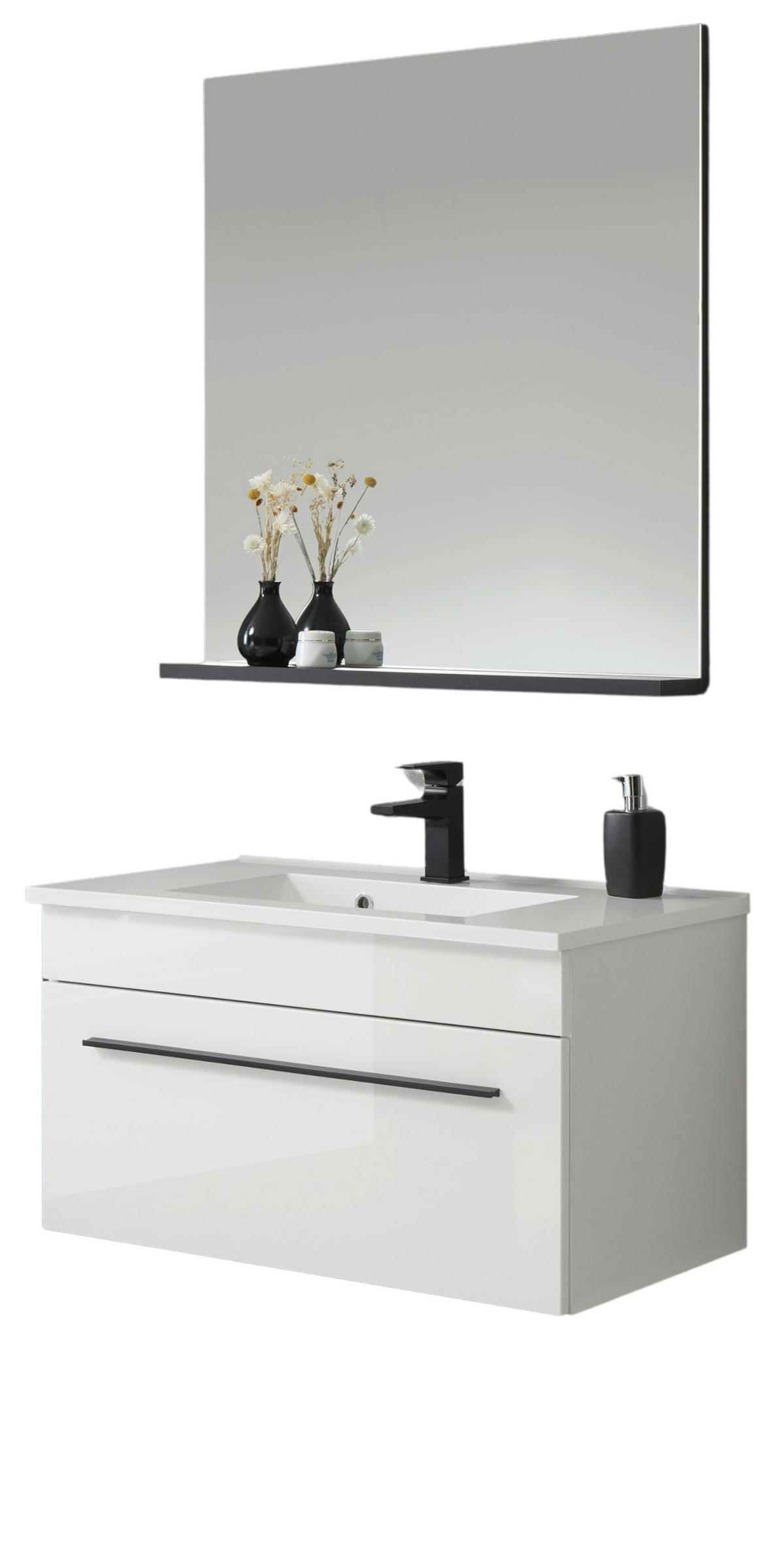 BADMÖBEL-SET weiß Hochglanz schwarz, Badkombination MIT Waschbecken, 60 x 200 cm - Weiß Hochglanz/Schwarz, Holzwerkstoff/Kunststoff (60/200/45cm) - Furn.Design