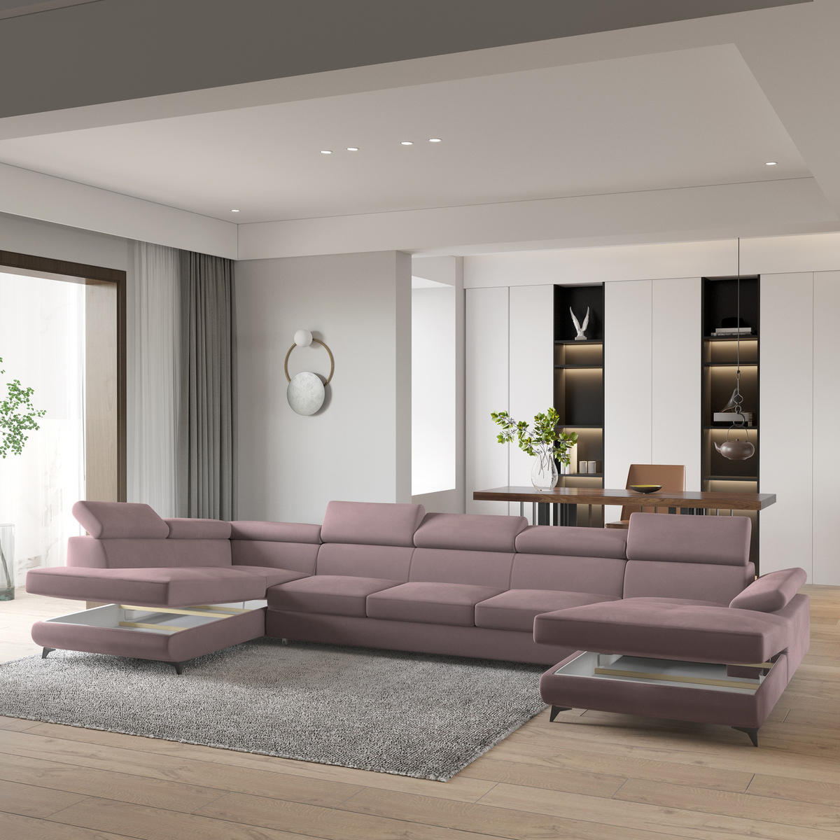 WOHNLANDSCHAFT MONTIVA Lila Velours-Stoff mit Schlaffunktion - Lila, Holz (410/89/190cm) - MASSENO