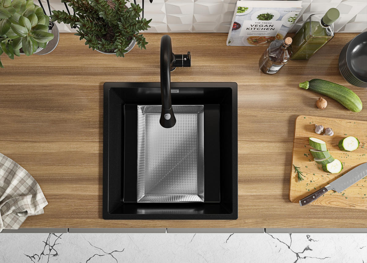 GRANITSPÜLE London Slim, 2-er set Schwarz 46/47 cm 1 Becken + Küchenarmatur 40/38 cm + Ablauf-Set ab 50er Unterschrank - Chromfarben/Schwarz, Kunststoff (46/20/47cm) - Primagran