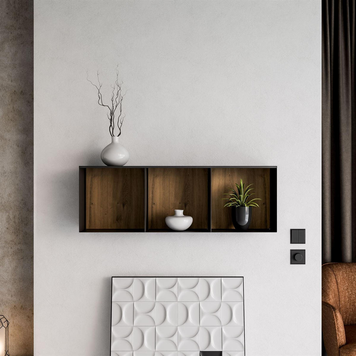METALLREGAL QUADRO II mit LED-Beleuchtung - Schwarz/Eiche Artisan, Holzwerkstoff (33/99/20cm) - Lookway