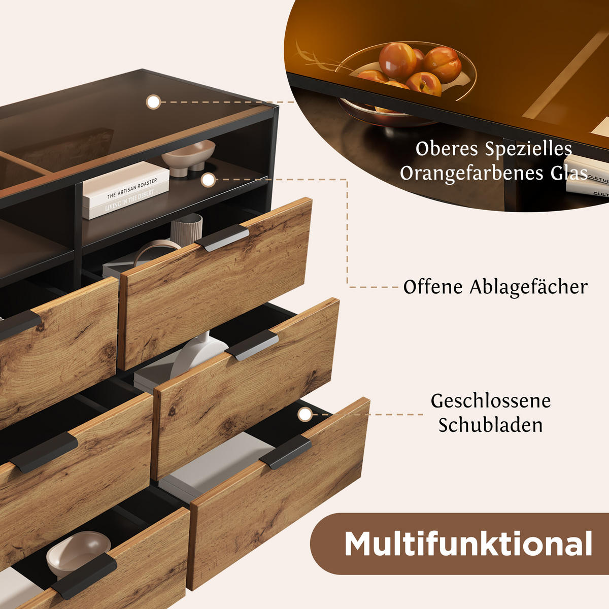 SIDEBOARD Braun und Schwarz 120/40/80 cm - Braun, Glas/Holzwerkstoff (40/80/120cm) - Urban Meuble