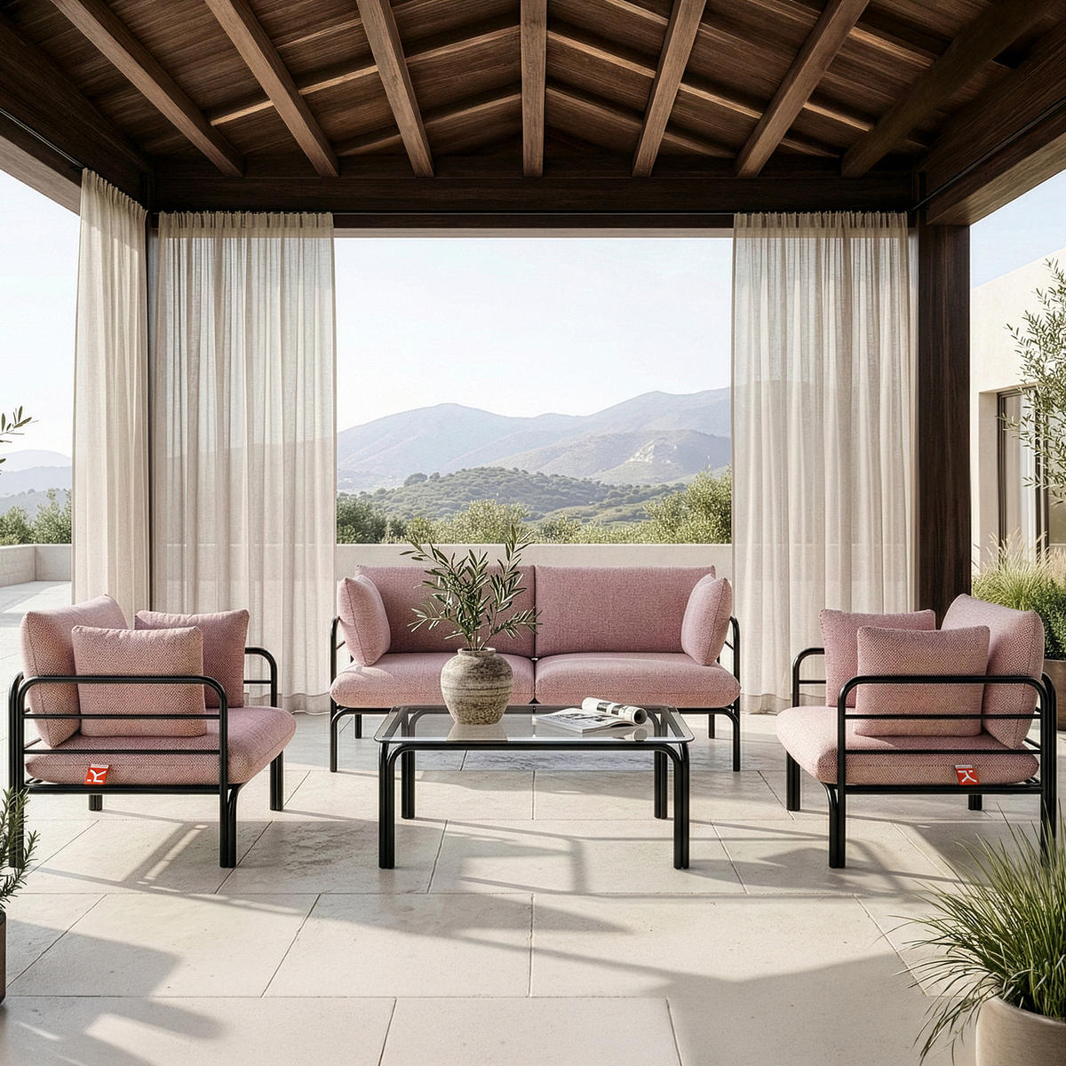 GARTENMÖBELSET RAMBE 4-tlg. 1x Tisch 2x Sessel 1x Sofa 2-Sitzer, mit Kissen, LOFT-STIL, Anthrazit - Anthrazit/Rot, Glas/Textil - KONSIMO®