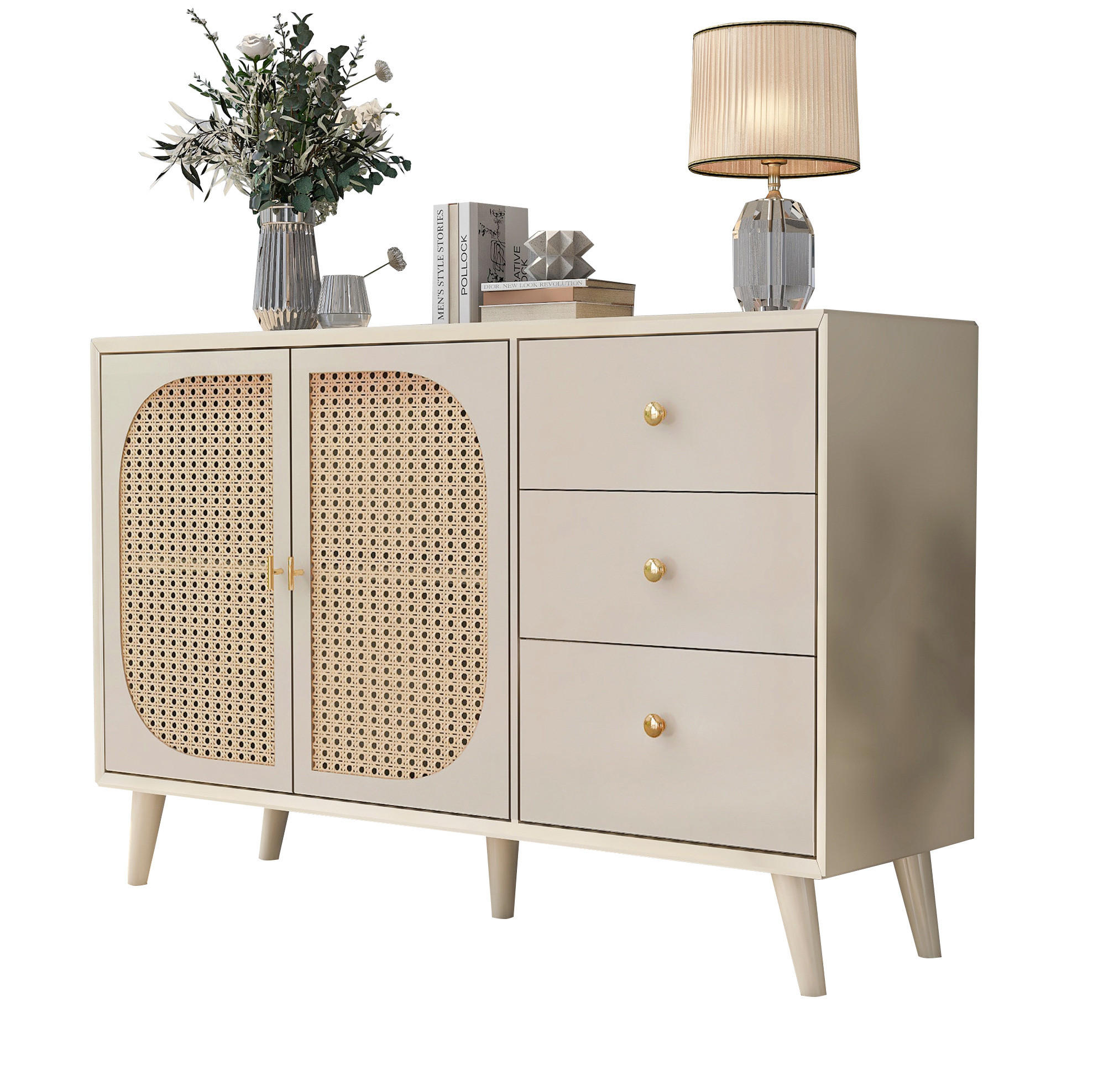 SIDEBOARD 120/40/82,5 cm in Offwhite mit 2 Türen, 3 Schubladen und Rattanoptik - Weiß, Holzwerkstoff (120/82.5/40cm) - Flora Grace