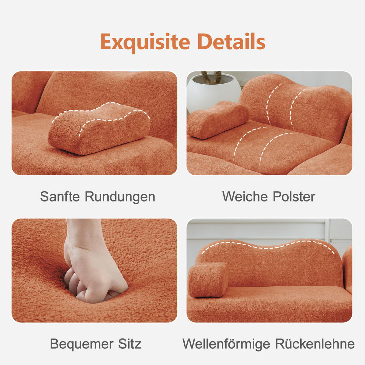 ECKSOFA 384/167/70 cm Orange aus Samt mit Wellenform und modularem Hocker - Orange, Textil (167/384cm) - OKWISH