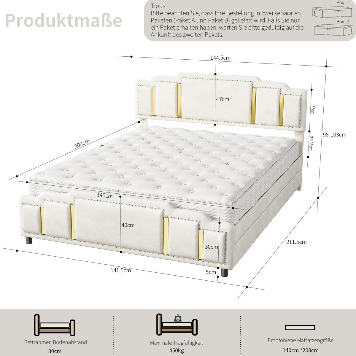 POLSTERBETT 140/200 cm aus Samt mit LED-Beleuchtung und 4 Schubladen Beige - Beige, Textil (140/200cm) - Modenvie