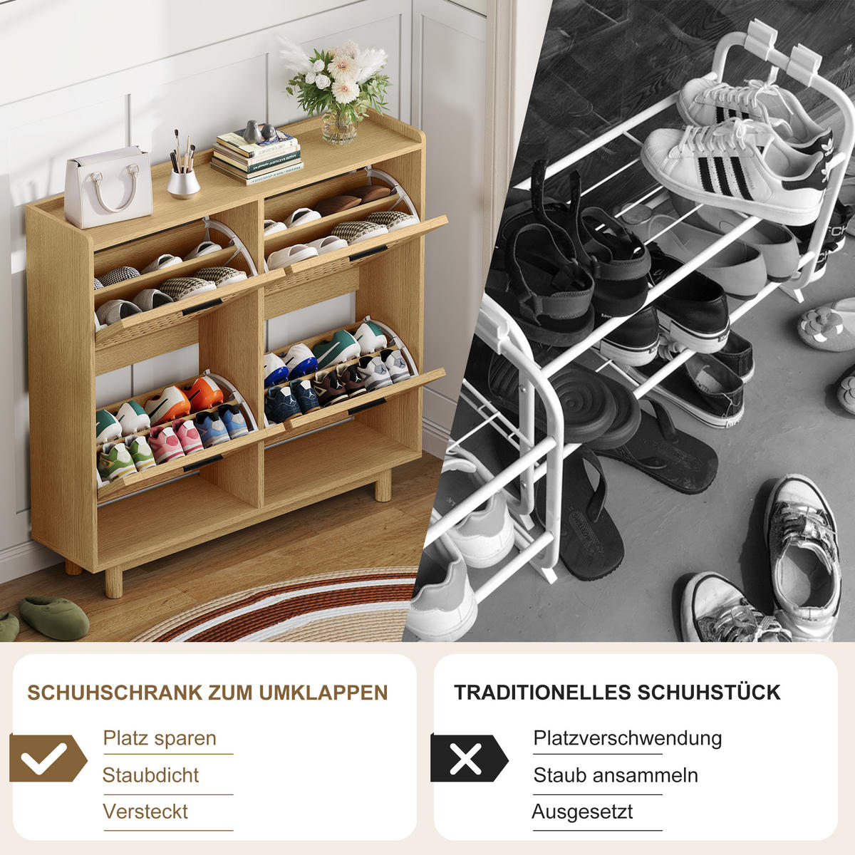 SCHUHSCHRANK 2 Ebenen, 8 Paare, modern, natürlich, 100x24x95 cm, Eiche - Naturfarben, Holz (100/95/24cm) - EuroLiving