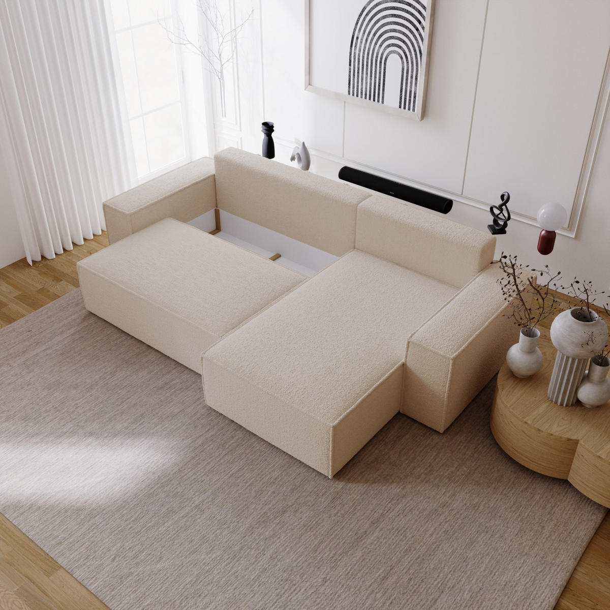 ECKSOFA Bouclé 280 cm Bergamo L mit Bettkasten, Schlaffunktion, Rechts - Beige - Beige, Holz (189/277cm) - Emporius