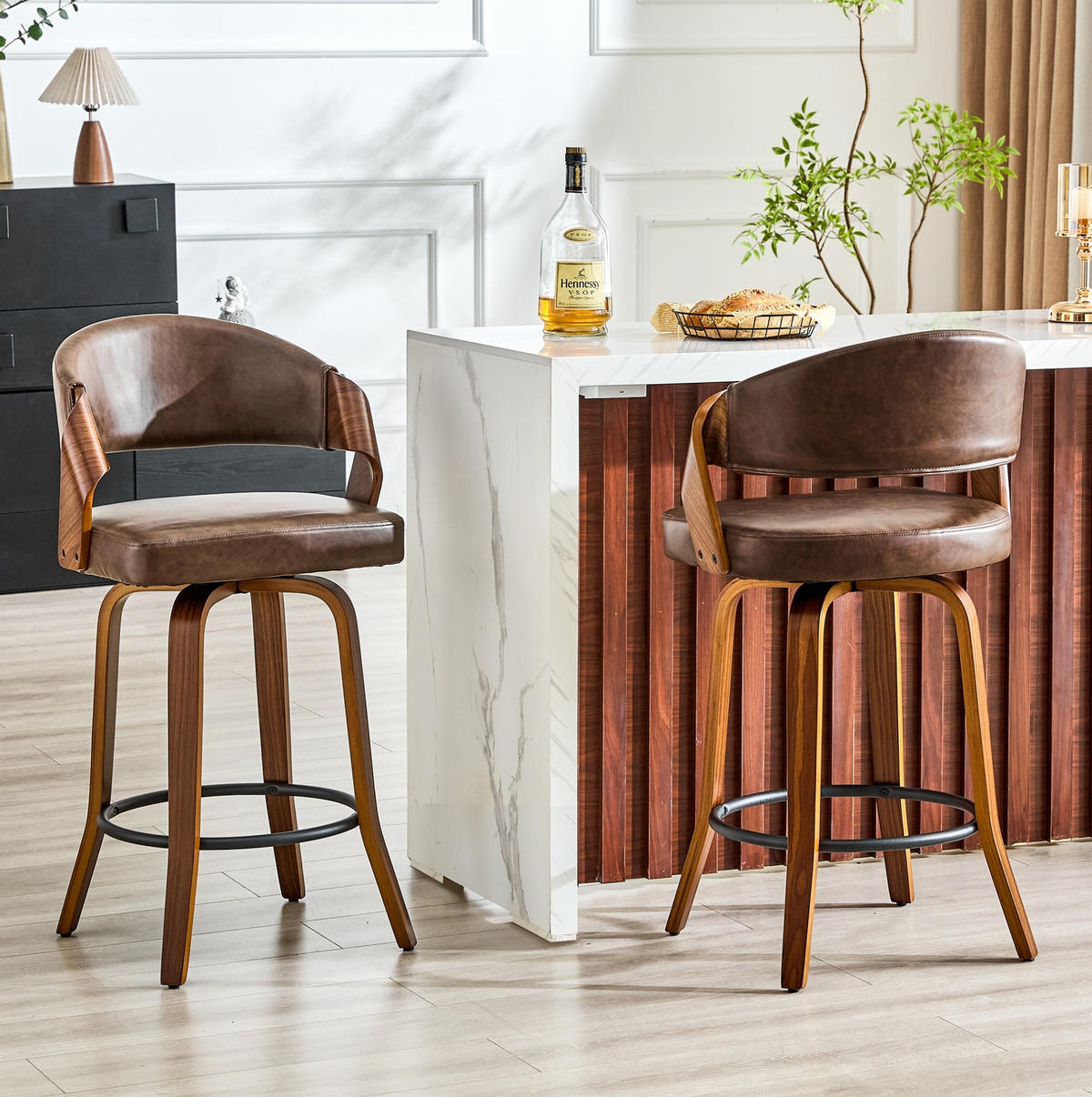 2ER-SET BARHOCKER mit Rückenlehne Braun Holz PU-Leder 95 cm - Braun, Holz (42/95/51cm) - Meubliv