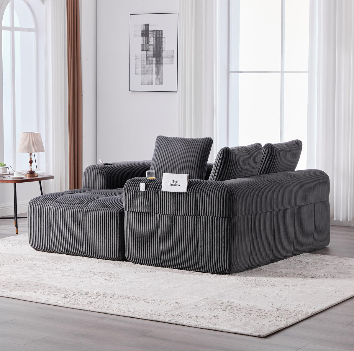 ECKSOFA aus Cord 253x158x61 cm in Dunkelgrau mit Seitenfach & Becherhalter - Dunkelgrau, Textil (158/253cm) - Modfu