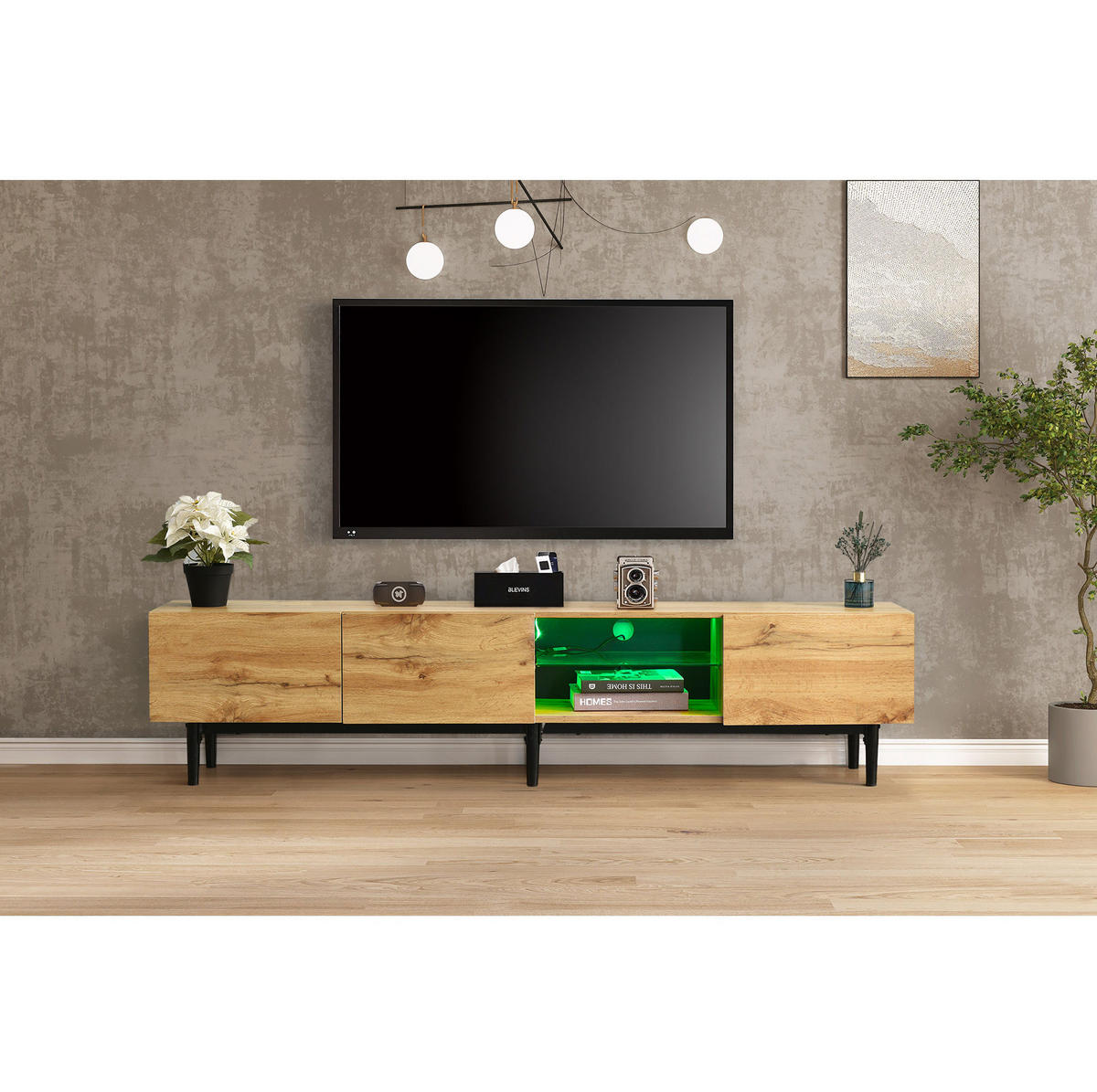 TV-SCHRANK in Light Oak und Schwarz mit LED Beleuchtung 175/31/41 cm - Eichefarben, Holzwerkstoff (175/41/31cm) - Redom