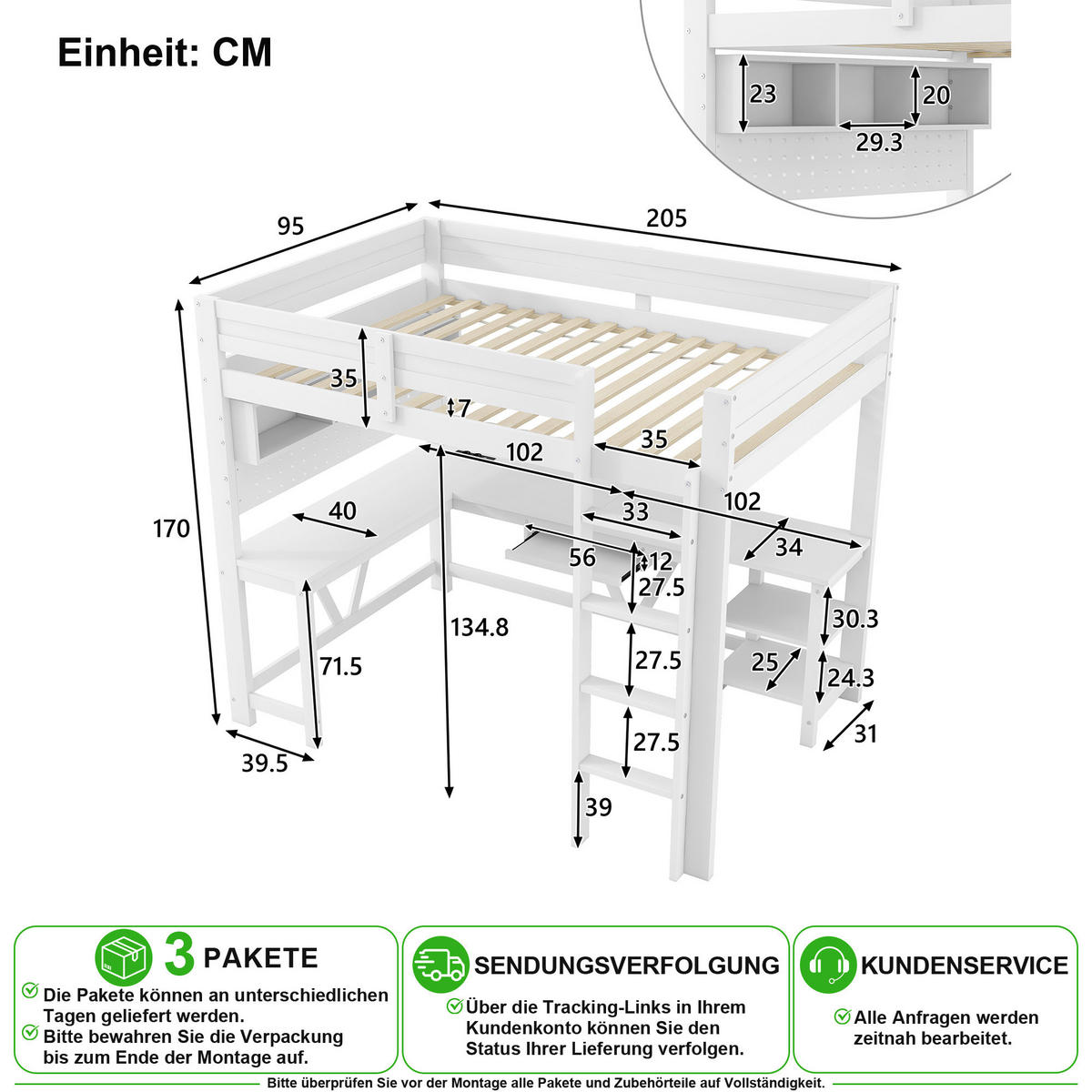 HOCHBETT 90/200 cm in Weiß mit Schreibtisch, LED und USB aus Holz - Weiß, Holz/Holzwerkstoff (90/200cm) - CHICFURN