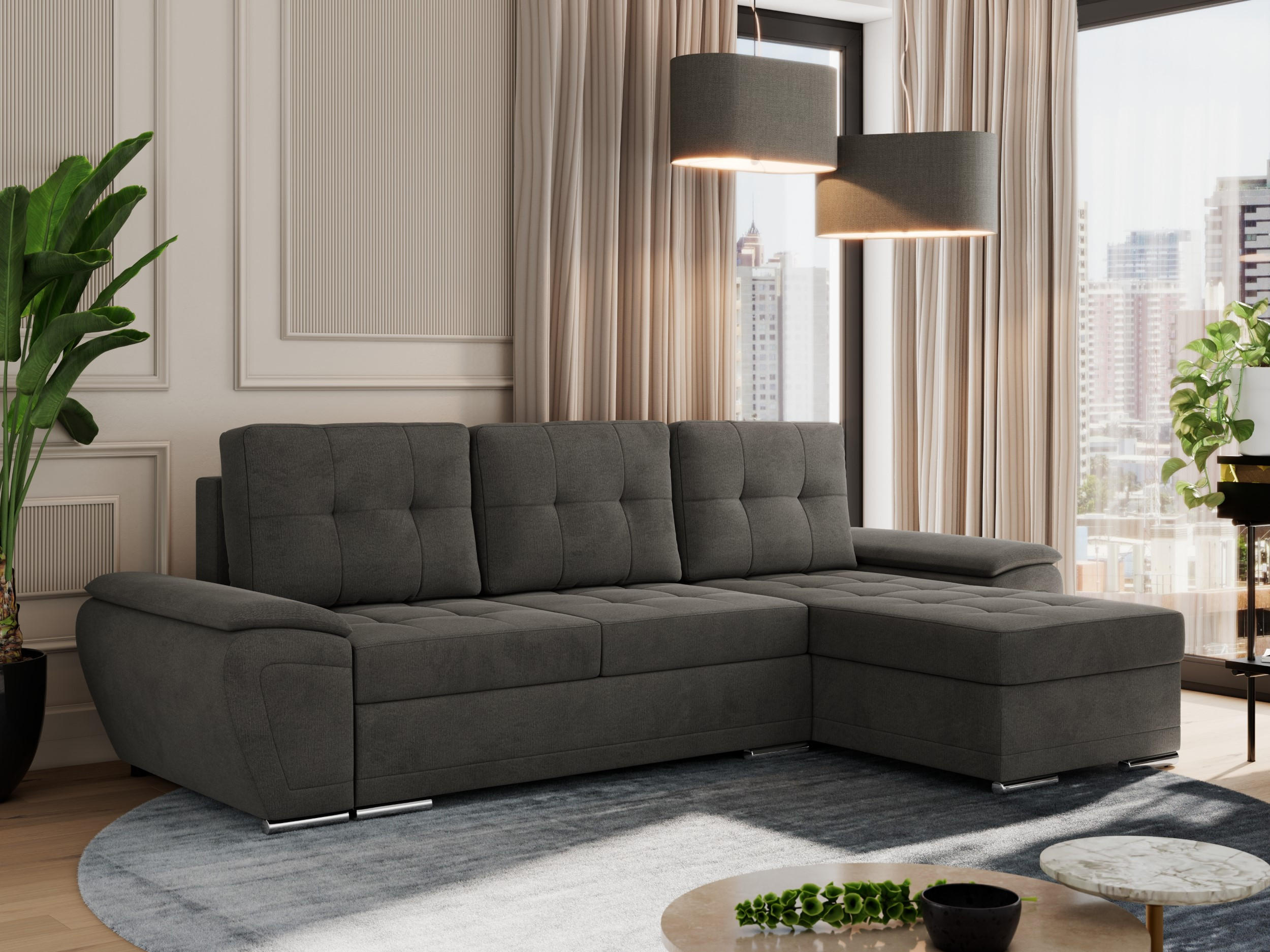 ECKSOFA UMBRIA L Dunkelgrau Velvet - Dunkelgrau/Grau, Textil (271/157cm) - MKS