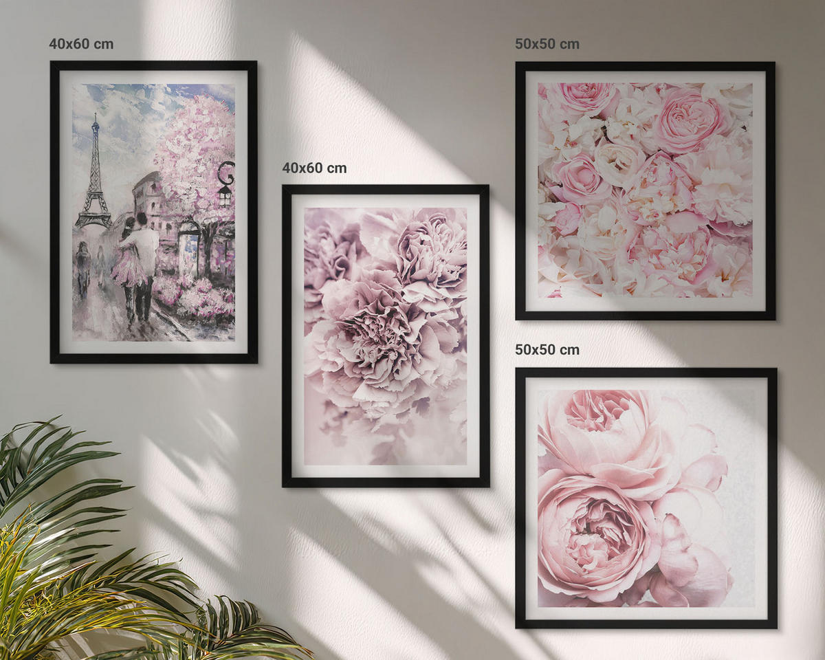 WANDBILDER 4er-Set - 50x50 cm & 40x60 cm Schwarzer Rahmen - Rosa Blumen, romantische Landschaft - Schwarz, Kunststoff (50/50cm) - ArtPrintCave
